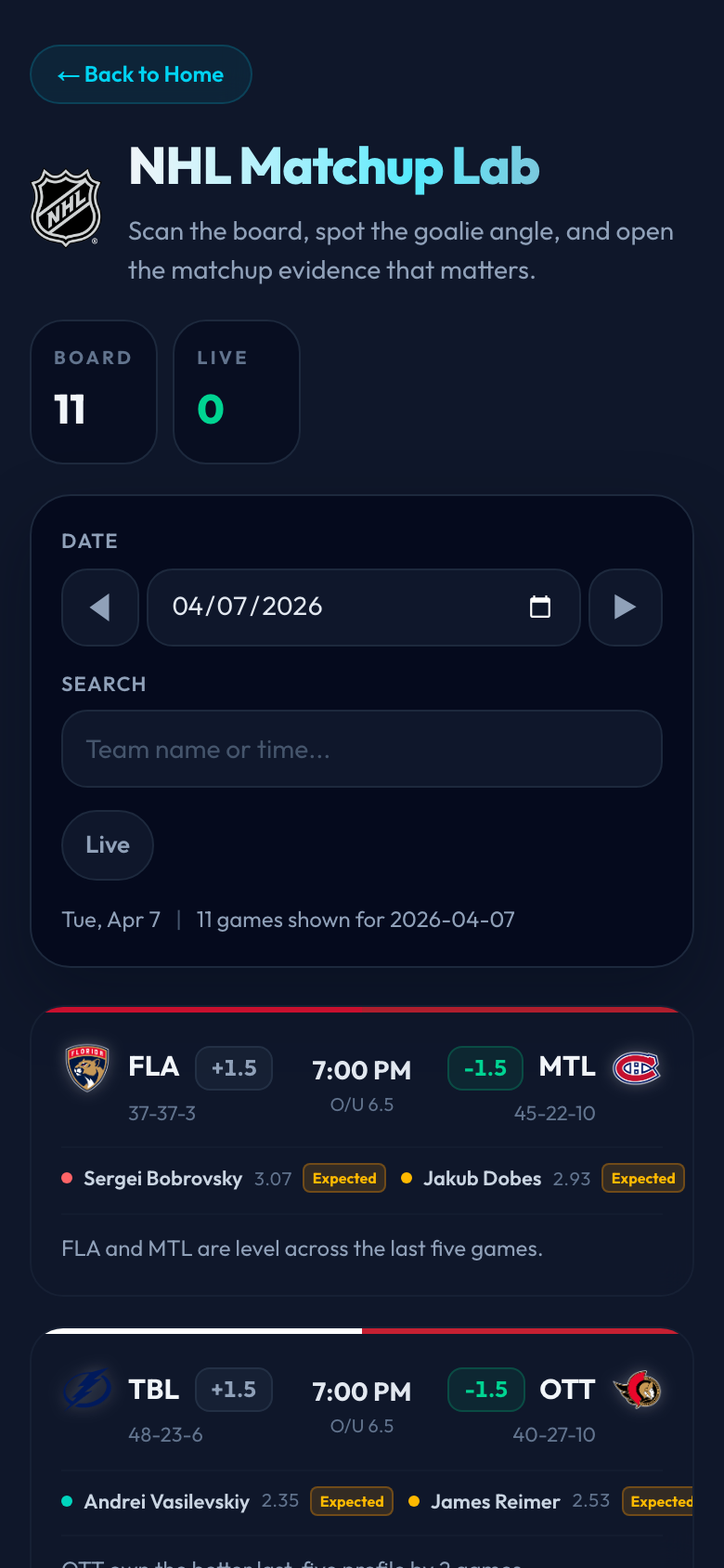 NHL Matchup Lab on mobile